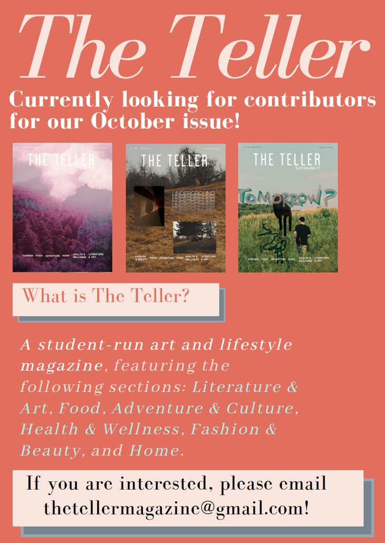 The Teller magazine is looking for contributors for their October issue. Email thetellermagazine@gmail.com if interested.