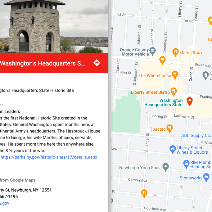 Screenshot of Google map with information about the location "Washington's Headquarters"