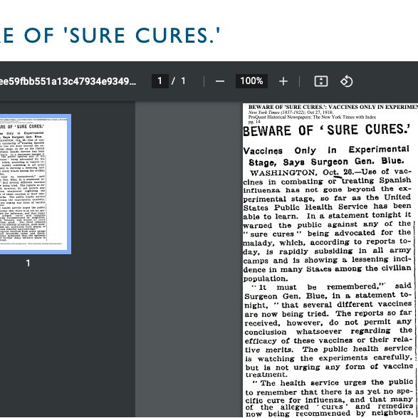 New York Times, “Beware of 'Sure Cures.',” Comparative History: Spanish Influenza and COVID-19 in the U.S. , accessed June 14, 2022, https://ushistory1918flu2020covid.omeka.net/items/show/2.