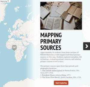Screenshot from the homepage of the digital map. The image shows a snippet of the map with points plotted, the title and description of the project, and an image of "old" documents and books. 