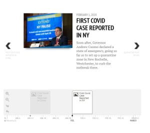 Screen shot from the digital project showing a timeline of significant events from 2020, including the first reported case of Covid in NYS, and a photo of former Gov. Cuomo. 