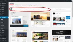 WordPress Themes page with filter lists located on the top, circled