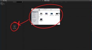 Finder open with video files, circled. Import media icon located to the right of the libraries
