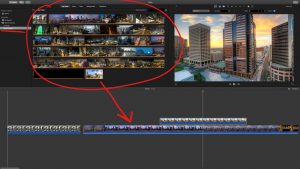 Panels section, New Project Media library, underlined. Video clips in media library circled, with an arrow pointing down to the timeline