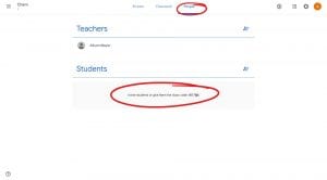 Google Classroom, The People's Tab, circled, on a Google Class, Two sections Teachers and Students. Under Students tab invite students or give them the class code: r2d6ax8, circled