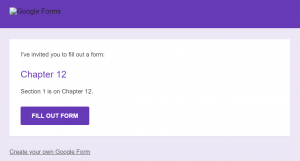 Google form formatting on email with Name of Form, description, and button labeled Fill Out Form
