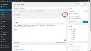 WordPress Post edit page the Text tab above the toolbar is circled code is pasted in the location it will be viewed