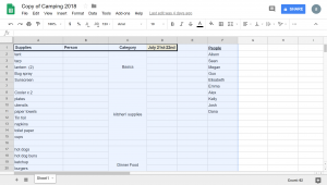 Highlighted rows and columns of the spreadsheet