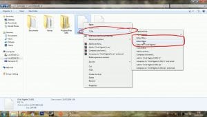  7-zip option circled, in the sub tab are three Extract options, circled