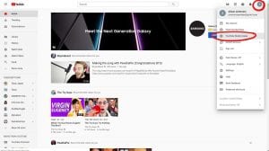 YouTube Homepage with circles on User Icon and YouTube Studio Beta
