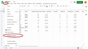 Google sheet page with File tab, circled, opened with option Publish to the web, circled. 