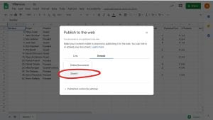 Publish to the web small window with embed options on the drop down menu Entire Documents and Sheets 1. Sheet 1 is circled.
