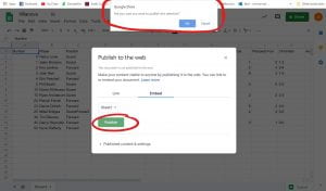 Publish to the web small window, Publish button located on bottom left,circled. Google drive notification located on the top middle of the screen, circled.