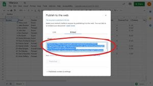 Publish to the web small window, Embed Code located underneath the original Embed option, circled