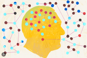 Drawing of a man's head with colorful dots linked between each other.