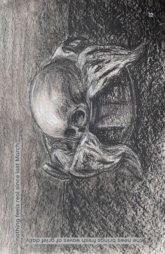 Page 15: ‘Skull in a Basket’-Eli Ross Image: A charcoal illustration of a skull in a basket. A poem sits in the corners. Text: nothing feels real since last March the news brings fresh waves of grief daily