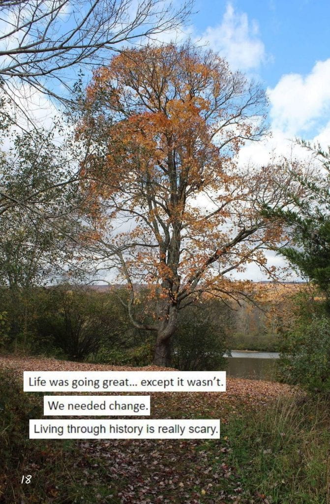 Page 18: Collaborative Poem Image: A photo of a lone autumnal tree, surrounded by trees whose leaves have not yet changed. Text: Life was going great... except it wasn’t. We needed change. Living through history is really scary.