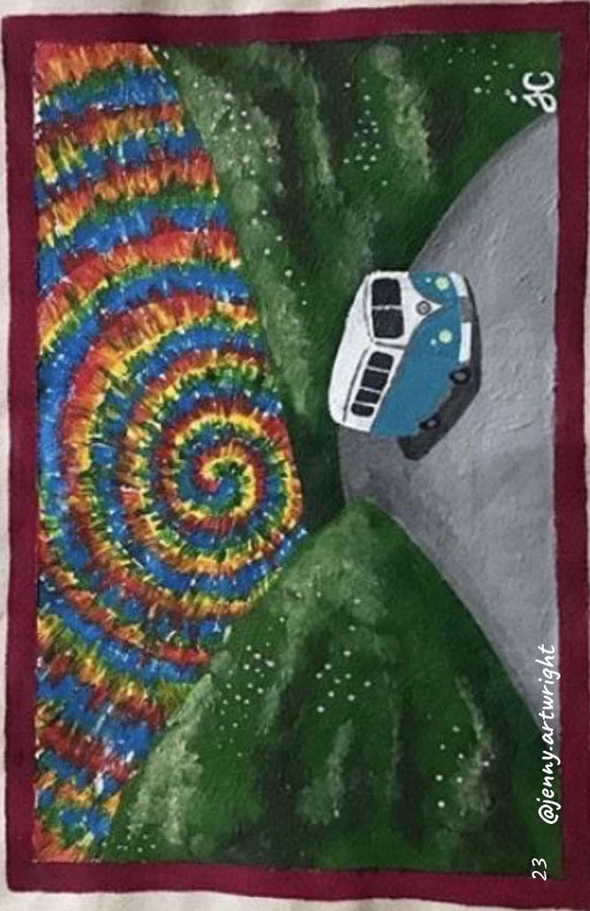 Page 23: Jenny Cartwright Image: An illustration by Jenny Cartwright. A white and turquoise old Volkswagen bus is driving on the road, a tie dye sky behind it.
