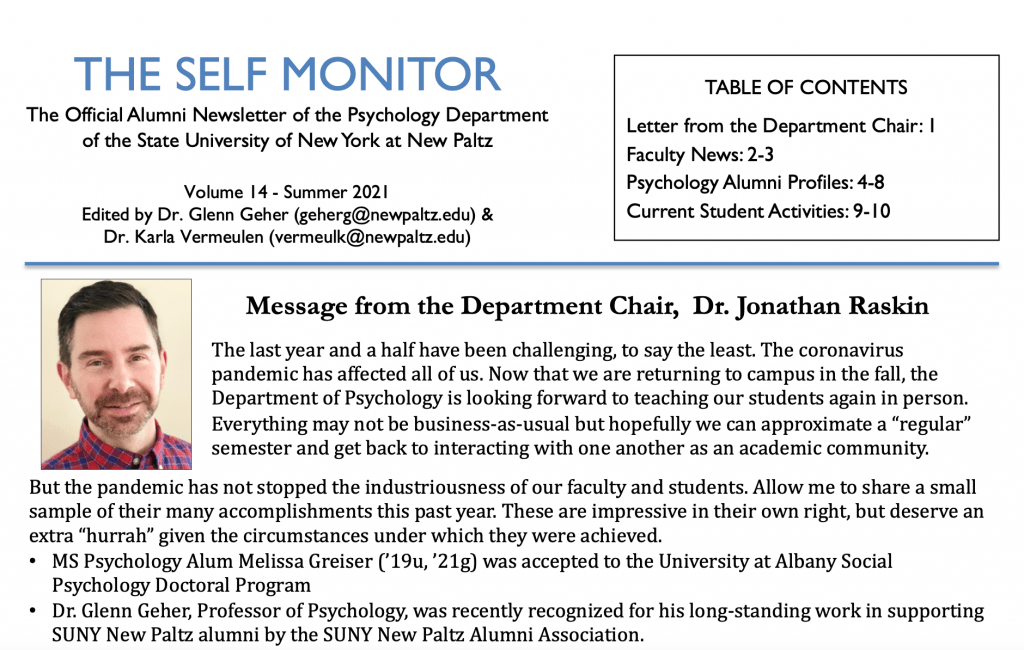 First page of 2021 Self Monitor newsletter
