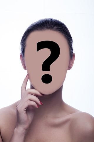 Woman's head with a question mark where her facial features should be