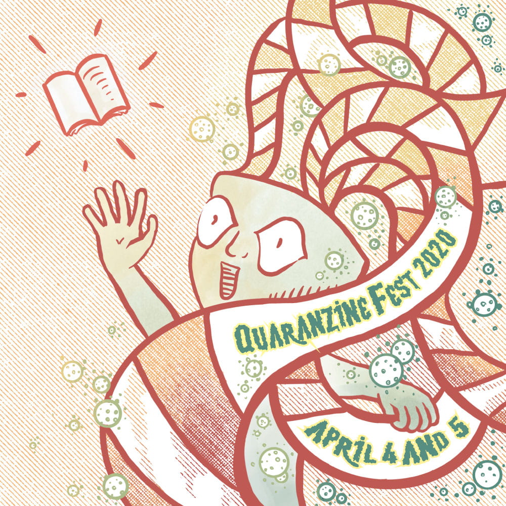 Logo for Quaranzinefest 2020, April 4-5, shows an exploding headed figure reaching up for a zine